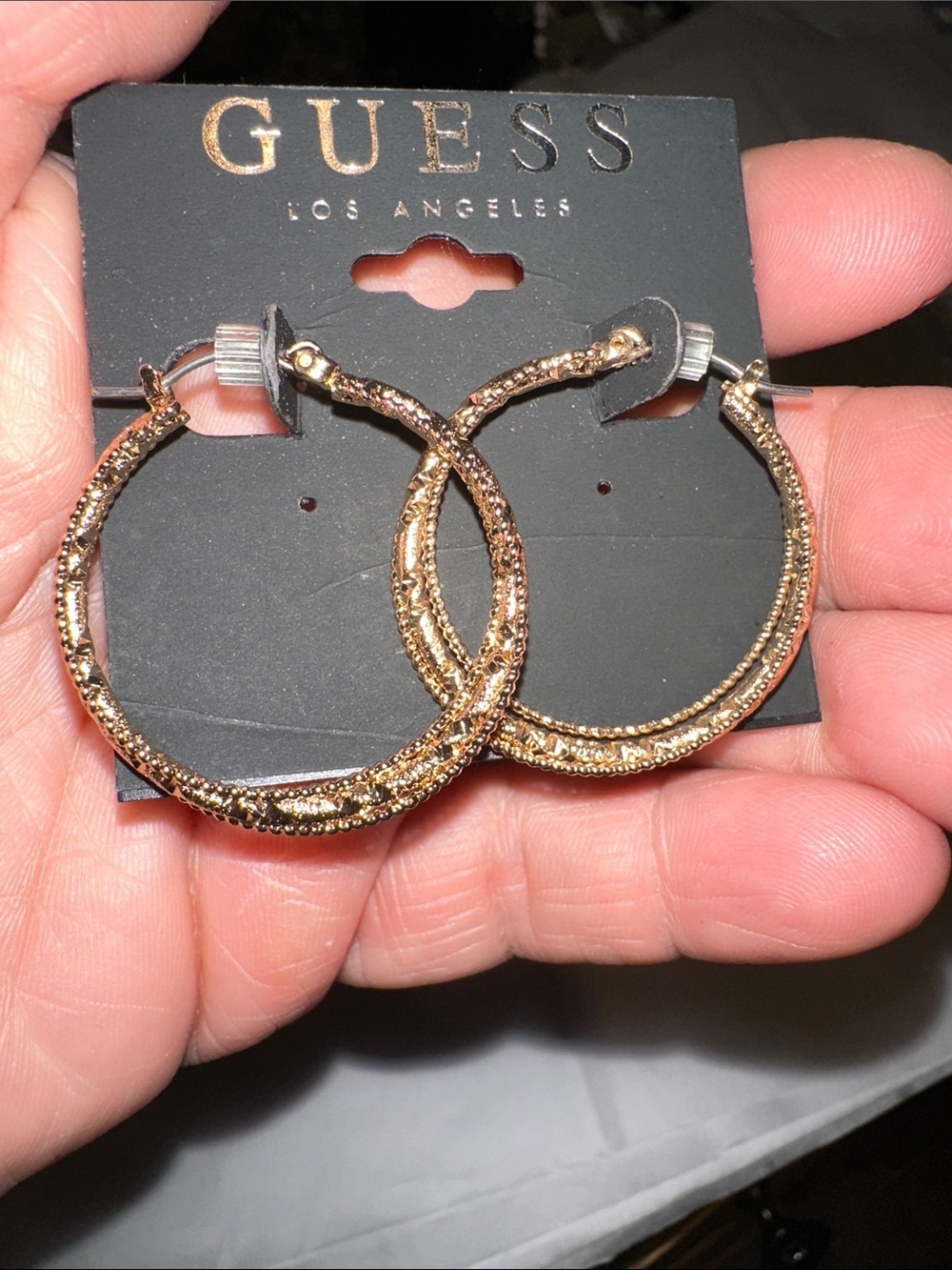 GUESS Shimmering Gold Textured Hoop Earrings new